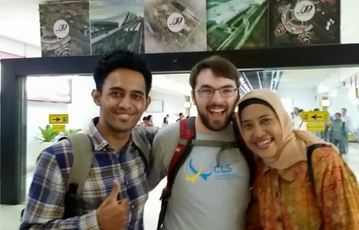 YES Abroad student, David, with his host family at the airport Indonesia