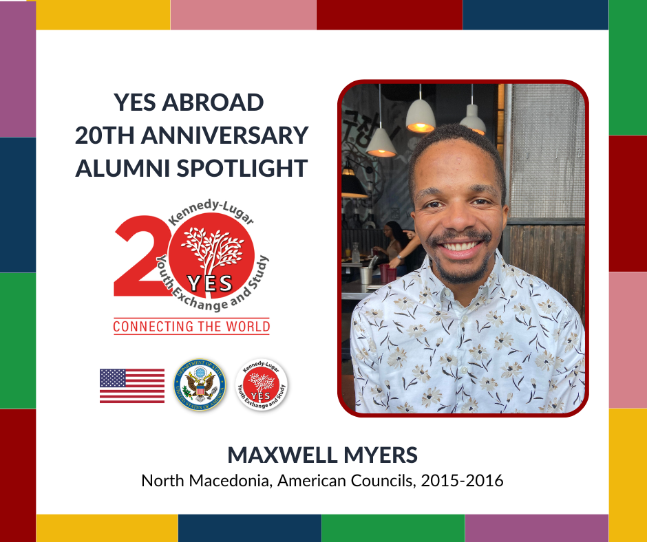 Maxwell smiling in a template for the YES Abroad 20th Alumni Spotlight Series