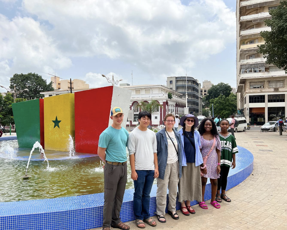 Group photo in front of a Senegalese flag