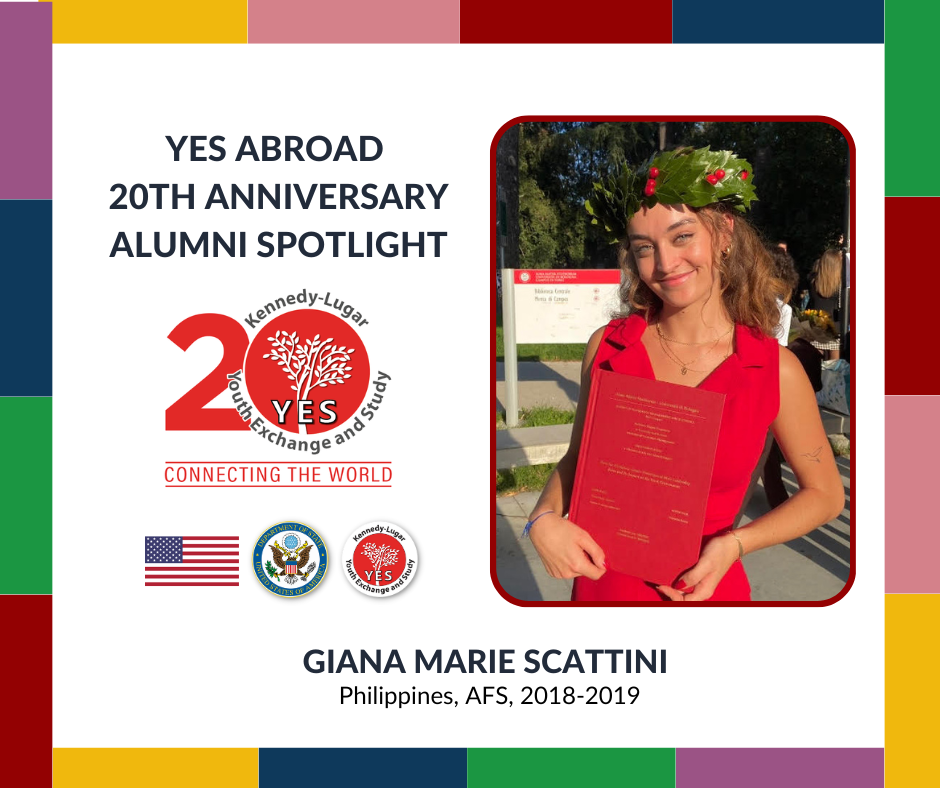 Giana smiling holding her college diploma during graduation for the Yes Abroad 20th Alumni Spotlight Series logo