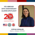 A portrait of Sophia smiling within a YES Abroad 20th anniversary icon