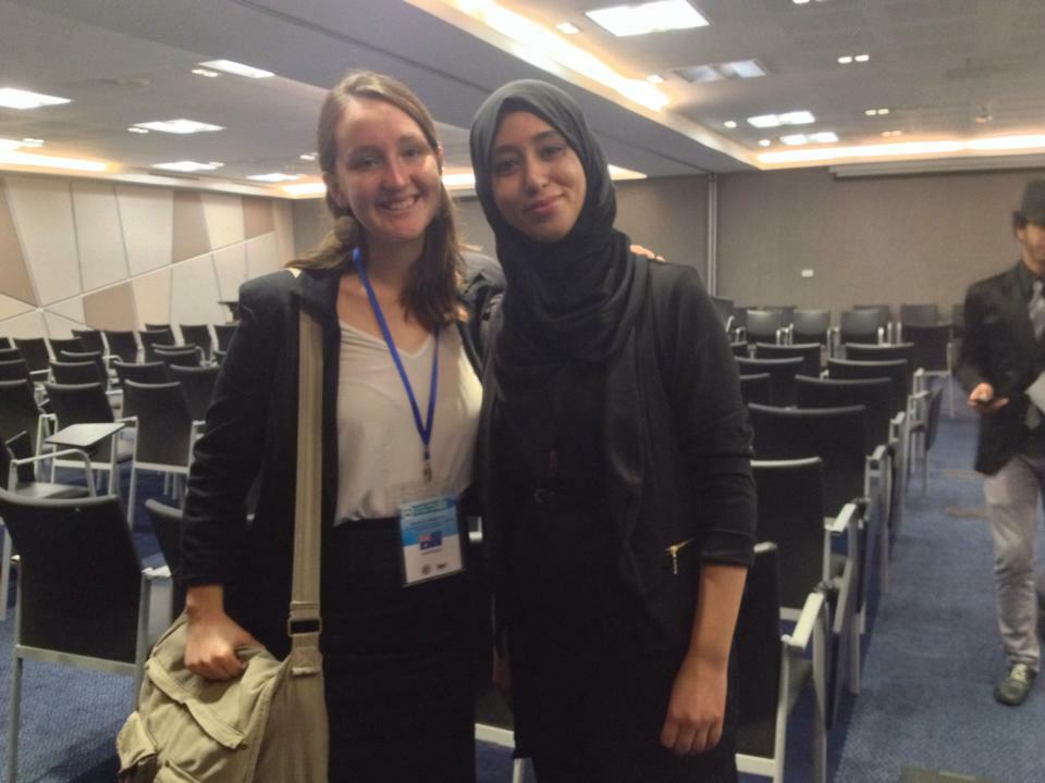 Sophia and a Moroccan alumna smiling at a conference